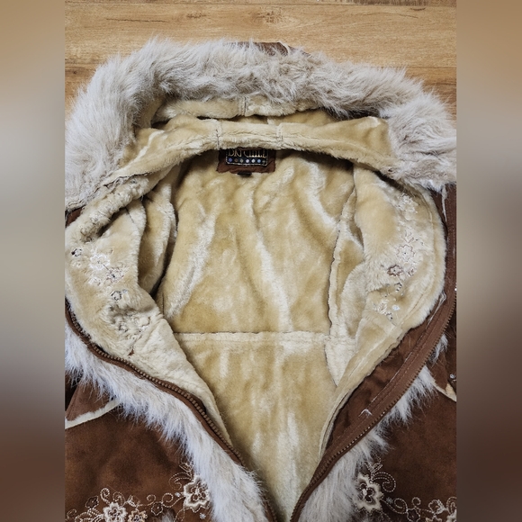 Vtg Y2K Big Chill Faux Suede Fur Coat GIRLS 14/16 Women XS/S Embroidered Hooded - Picture 4 of 7